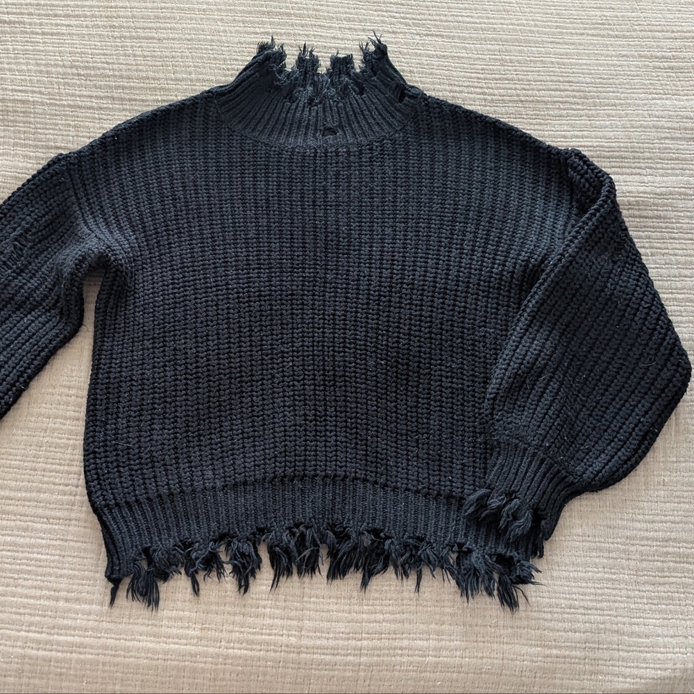 Distressed Black Frayed Hem Turtleneck Sweater